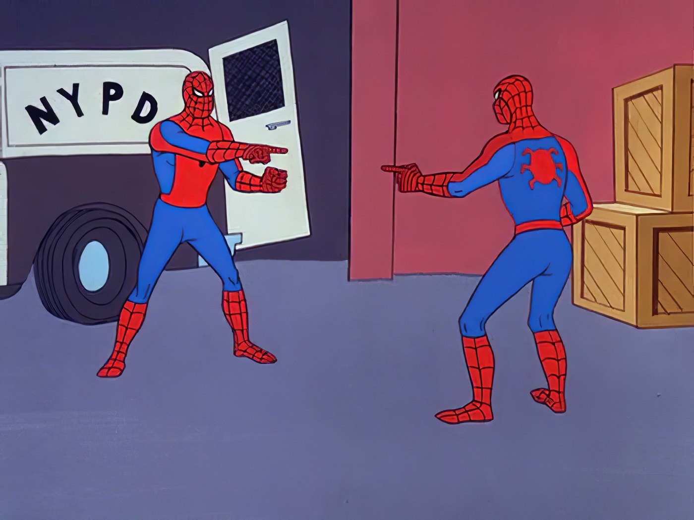 Two identical Spider-Men pointing at each other in front of an NYPD van, from the 1967 cartoon.